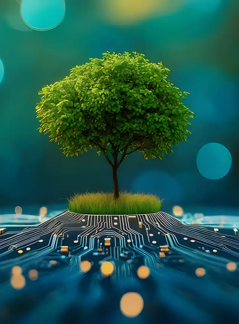 Arbre vert dans circuit électronique représentant la création d'un site éco responsable